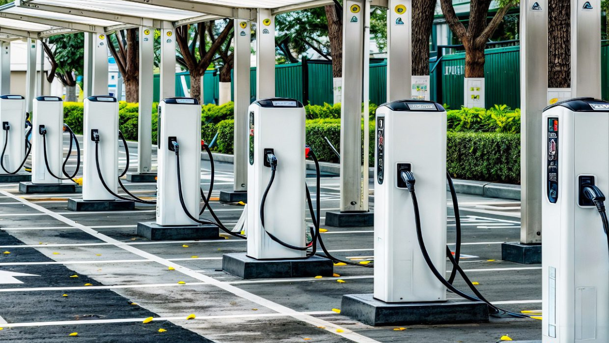 Row of modern electric vehicle charging stations in outdoor parking area